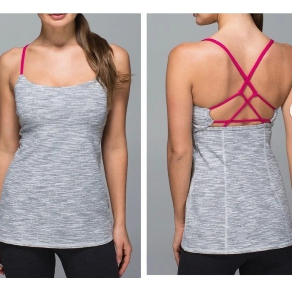 Lululemon Dancing Warrior Tank Top Space Dye Grey Pink Strappy Back Size 8
